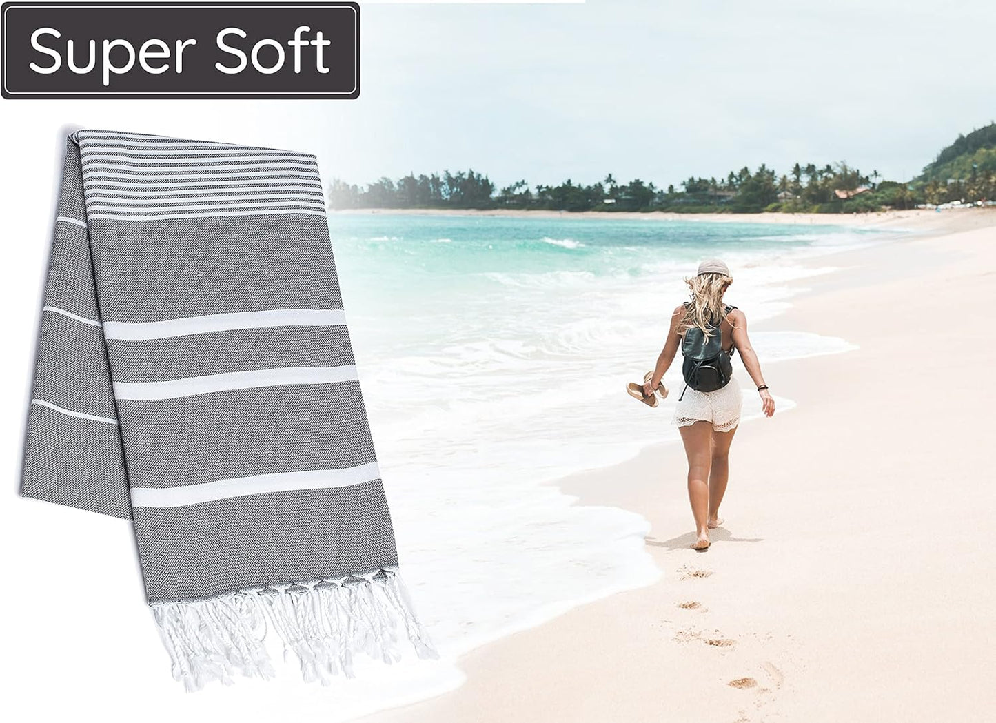 Premium Turkish Beach Towel – 100% Cotton, Quick Dry, Sand Free, Oversized Quick Dry Towel 35”x 67” – Ideal for Travel, Pool, and Beach Blanket – Black Color