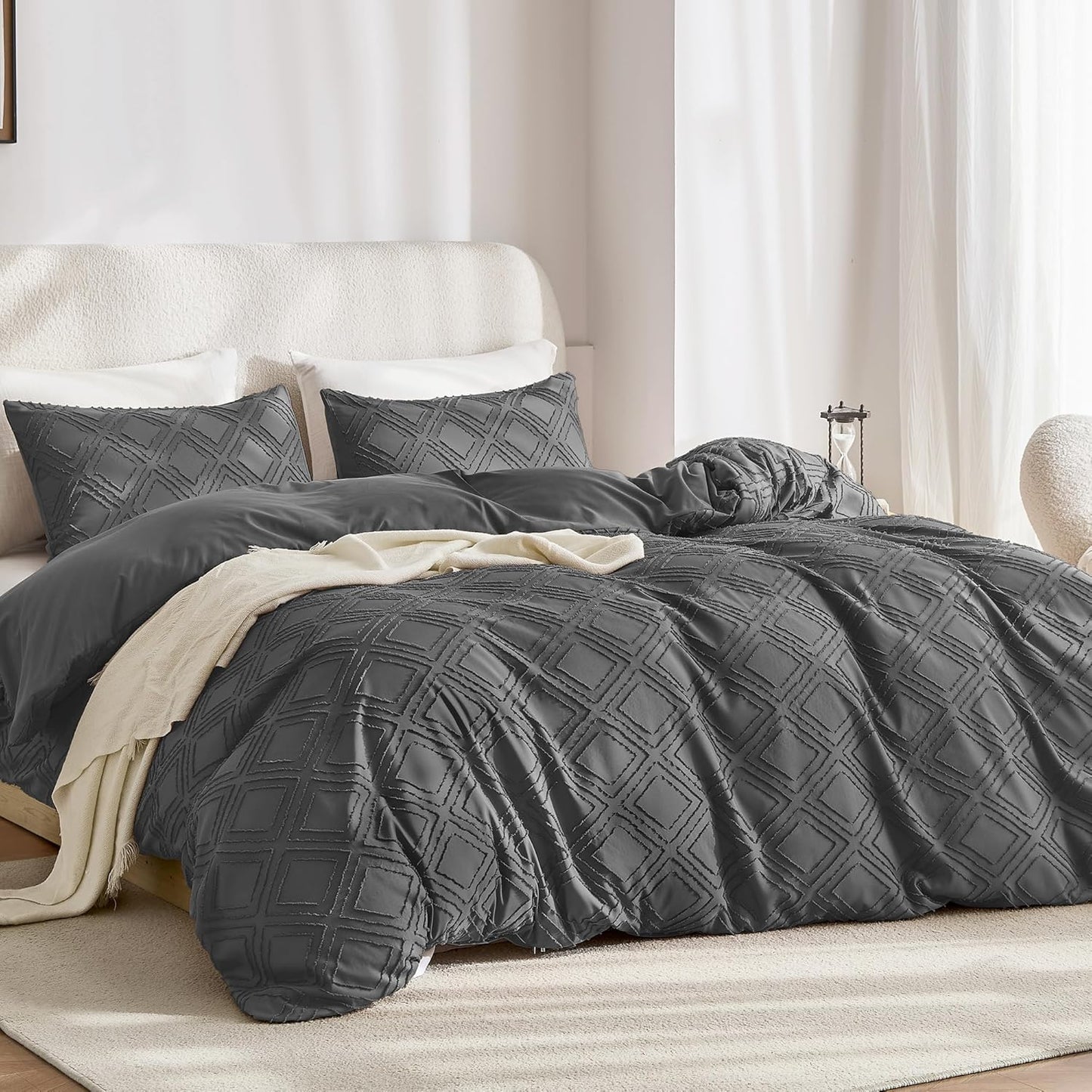 JELLYMONI Duvet Cover Queen Size Dark Grey - 3PCS Boho Duvet Cover Set Plaid Polyester Tufted Bohemian Jacquard Knit Textured Comforter Cover 90×90in Rhombic Geometric Pattern Zipper Corner Tie