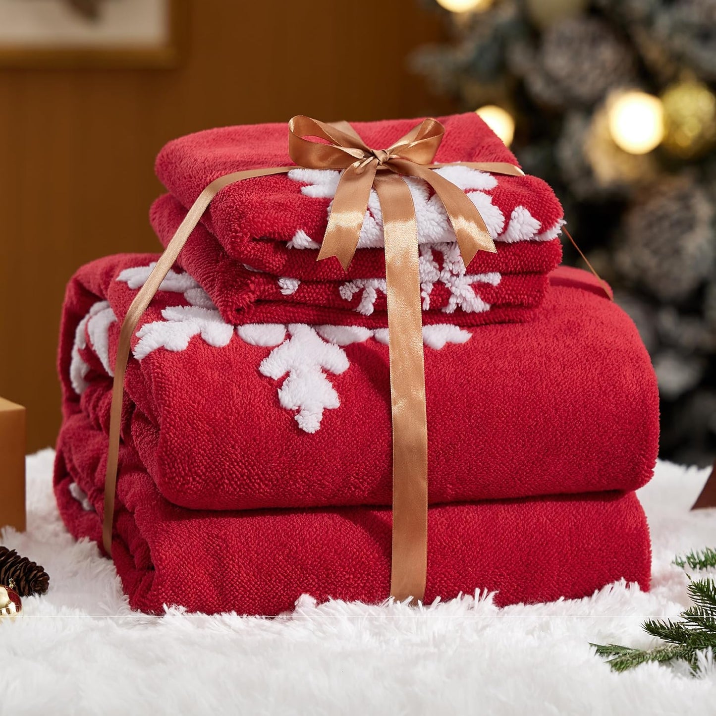 Bedsure Fluffy Duvet Cover Set - Ultra Soft Plush Shaggy Comforter Cover Queen Size, Warm Flannel Fleece Bed Sets for Winter, 3 Pieces, Snowflake Pattern, Red