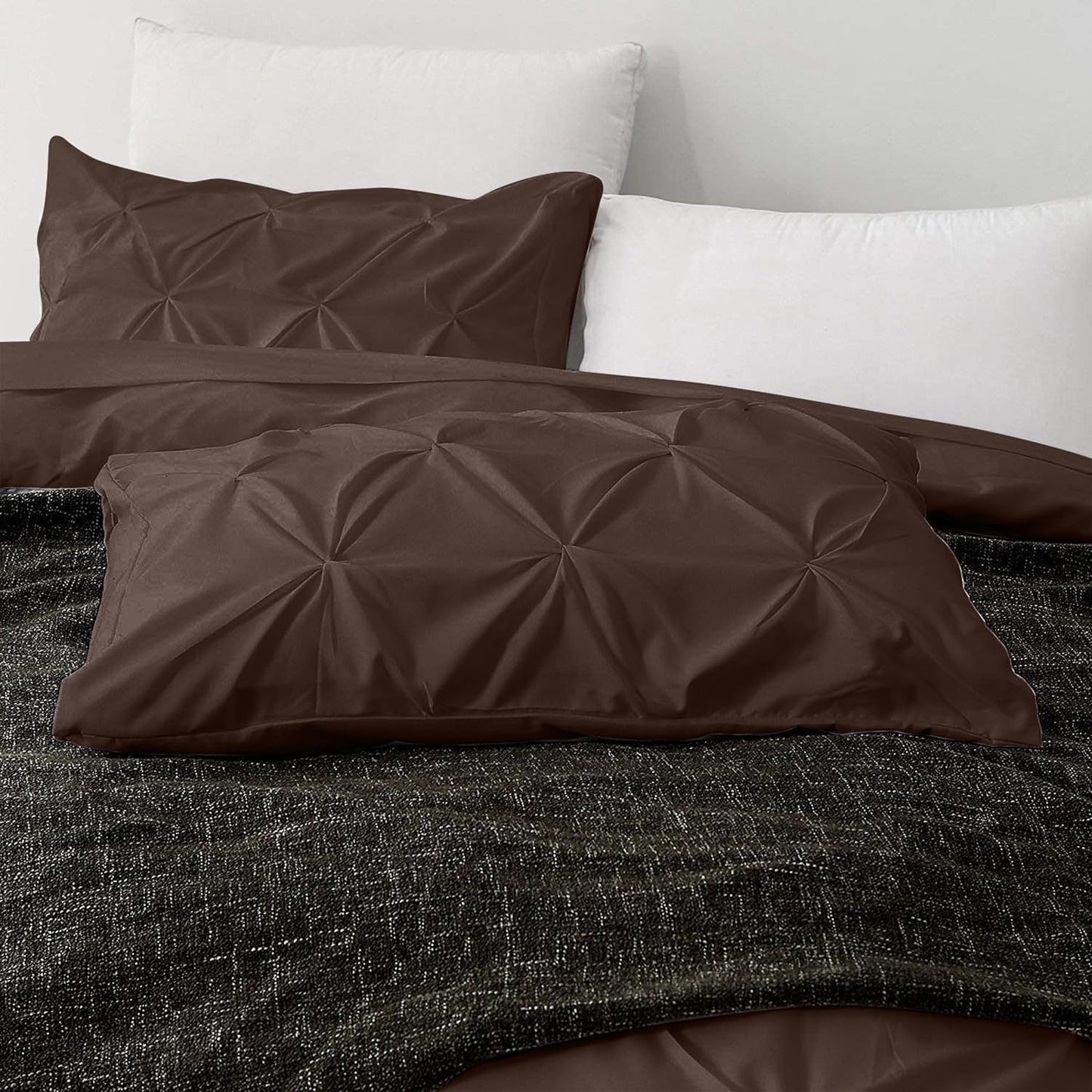 Pinch Pleated Duvet Cover Set 100% Cotton 3PC Full Size 80x90 Duvet Cover Set, Decorative Pinch Design Brown Duvet Cover with Matching Pillow Case