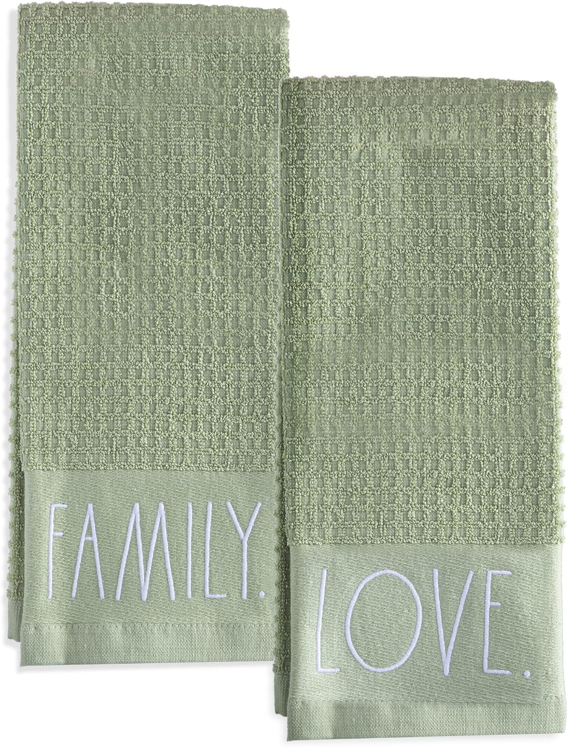 Rae Dunn Set of Hand Towels for Kitchen and Bathroom, 100% Cotton, Embroidered Dish Towels, Decorative Hand Towels, Sage- Love/Family, 2 Pack