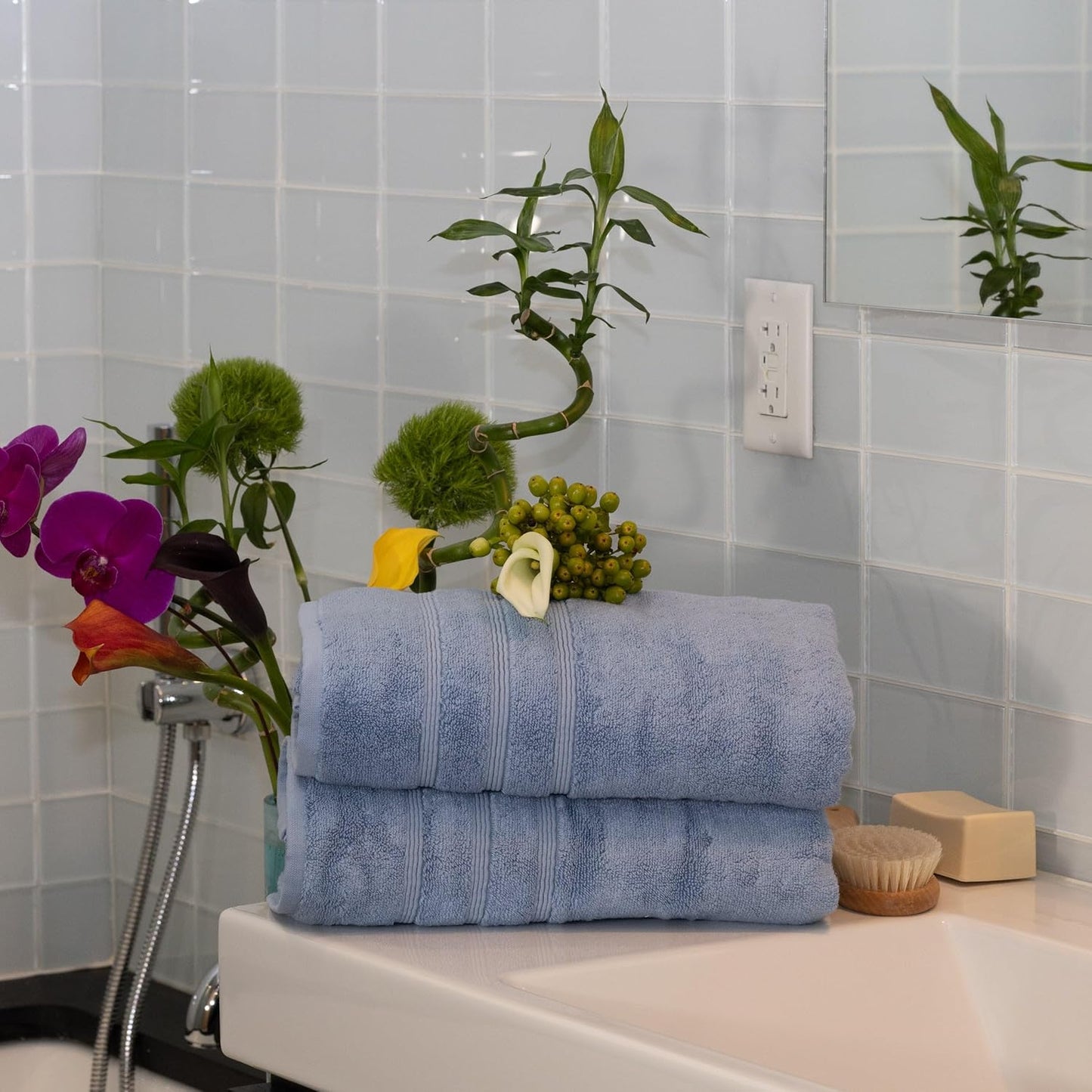 Mosobam Luxury Turkish Set of 2 Bath Towels 30X58 Allure Blue Oversize 700 GSM Bamboo Viscose & Aegean Turkish Combed Cotton