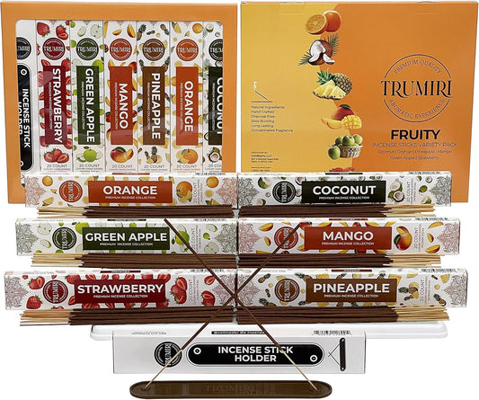Fruity Incense Sticks Variety Pack - 120 Insence-Sticks (6 Incents x 20 Insense) - Coconut Orange Pineapple Mango Strawberry Apple - Natural Inscents-Sticks Non Toxic Inciensos + Stick Incense Holder