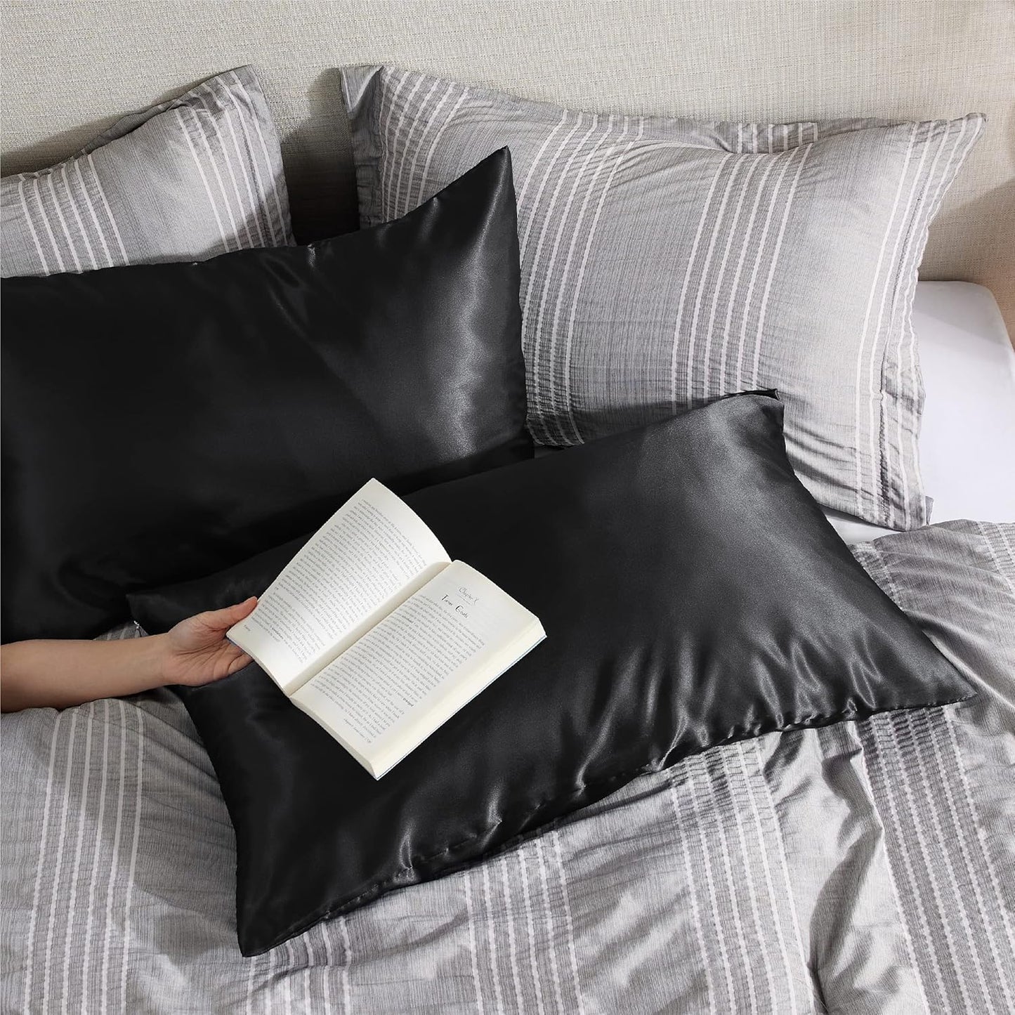 Bedsure Satin Pillowcase with Zipper, Similar to Silk Pillow Cases 2 Pack, Satin Pillow Cases Queen Size Set of 2, Silky & Soft Black Pillow Covers for Hair and Skin, Gifts for Women Men, 20x30 Inches