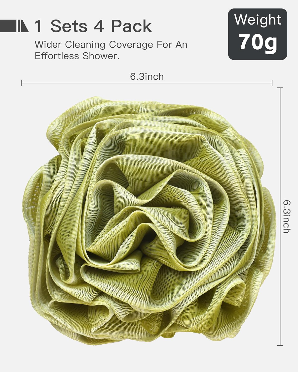 Large Bath Sponge Pouf 70g, 6.3 Inch Exfoliating Shower Loofah, Soft Durable PE Mesh with Reinforced Knotting, Rich Lather Body Wash Scrubber, 4-Pack Elegant Colors Gift Set（C-4Pcak）