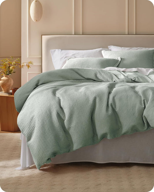 Bedsure Cotton Duvet Cover Queen - 100% Cotton Waffle Weave Sage Green Duvet Cover Queen Size, GentleSoft™ and Breathable Bedding Set for All Season, 3 Pieces, 90"x90"