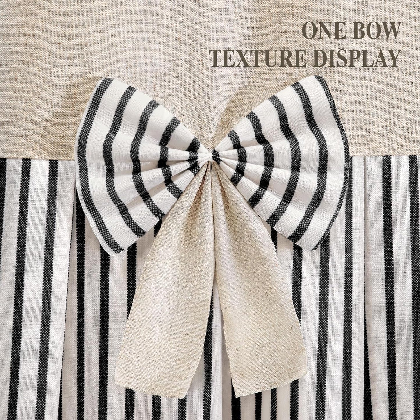 Farmhouse Shower Curtain Linen Bow Woven Fabric Country Rustic Western, Pleated Black Stripe 72" W x 72" L