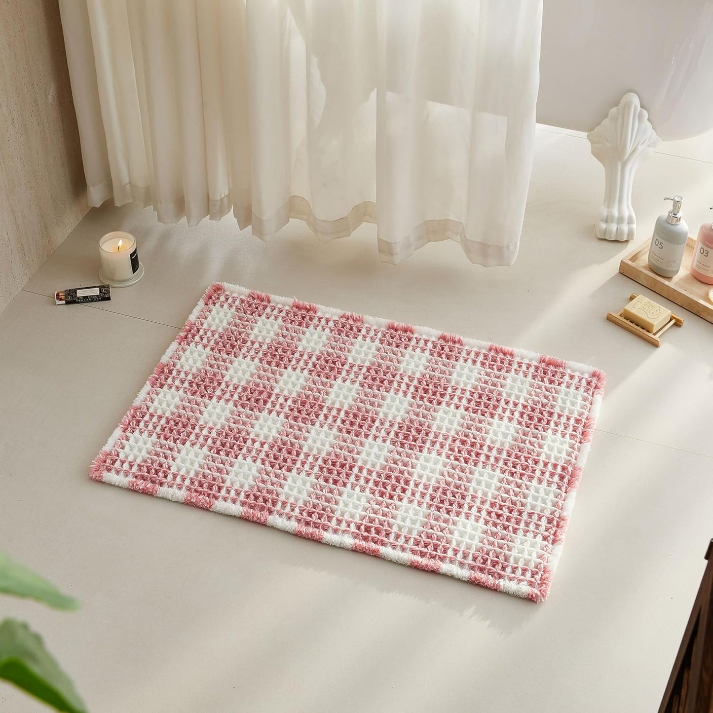 Waffle Bath Mat, Boho Bathroom Rugs Non Slip Washable Absorbent Checkered Bathroom Mat Quick Dry Cute Bath Mat, 24"x16" Pink and White