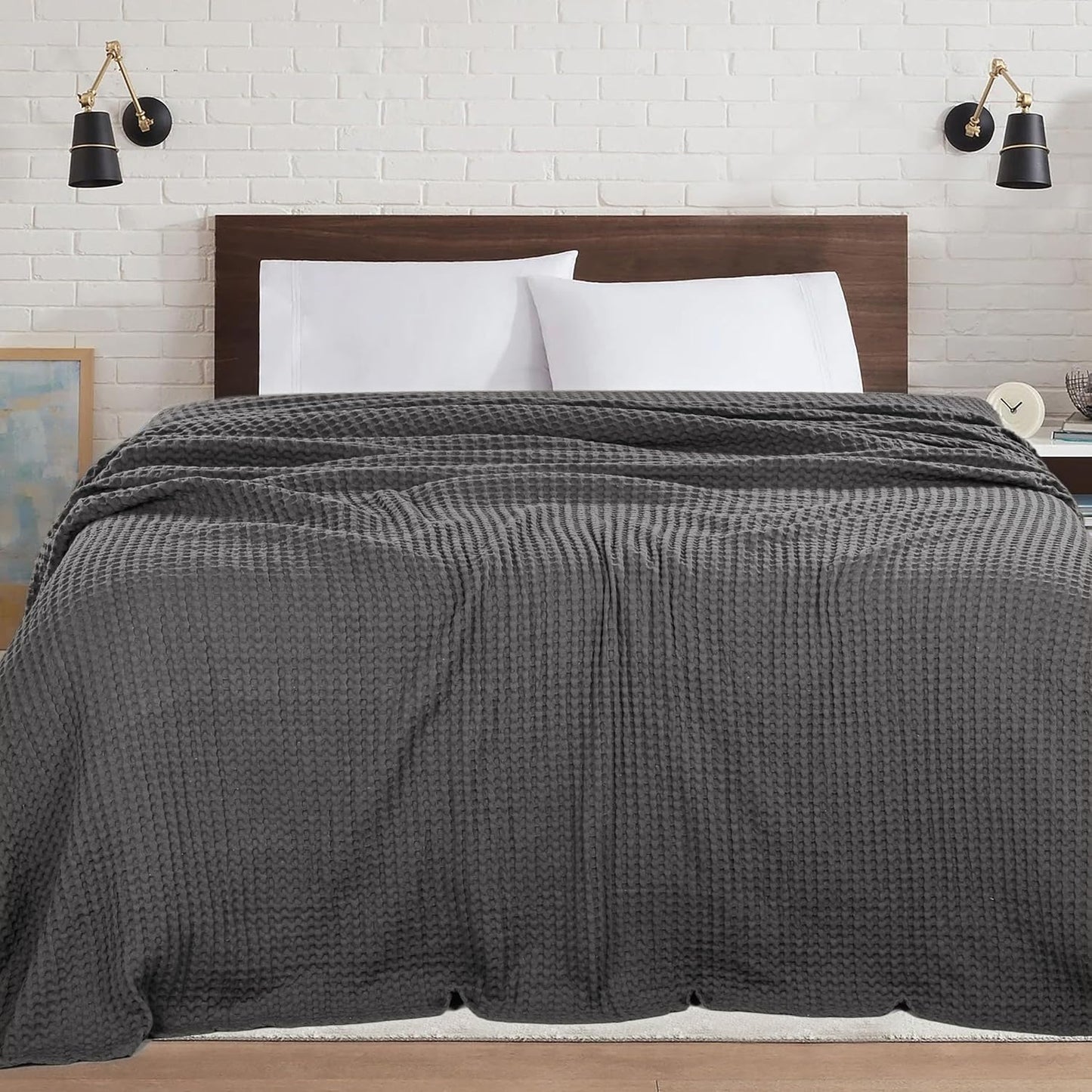 HILLFAIR 100% Cotton Blanket- 120"x120" XXL Oversized King Bed Blankets- Family Size 10 ft x 10 ft Big- Waffle Blankets- All Season Soft Breathable- Extra Large King Cotton Blanket for Bed- Grey