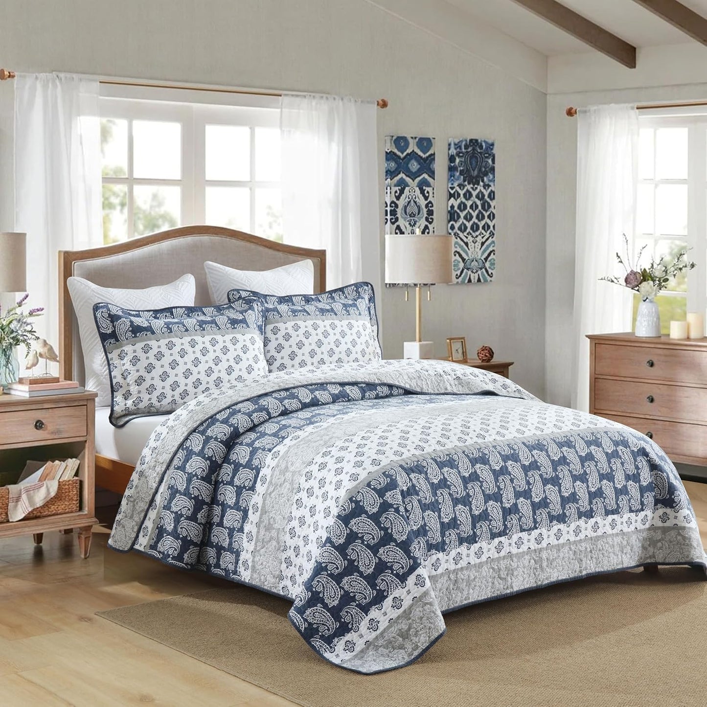 Quilt Bedding Set Queen Size, Cotton Comforters Set Queen Size,Navy Blue Grey Quilts Bedspread for The Bed, Farmhouse Lightweight Bedding (90 * 98 Inch) and 2 Pillow Shams All Season