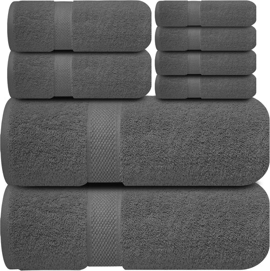 Infinitee Xclusives Luxury 100% Cotton Towel Set – 8 Piece Bathroom Towel Set (2 Bath Towels, 2 Hand Towels, 4 Washcloths) – Soft & Absorbent Towels for Bathroom (Shadow Grey)