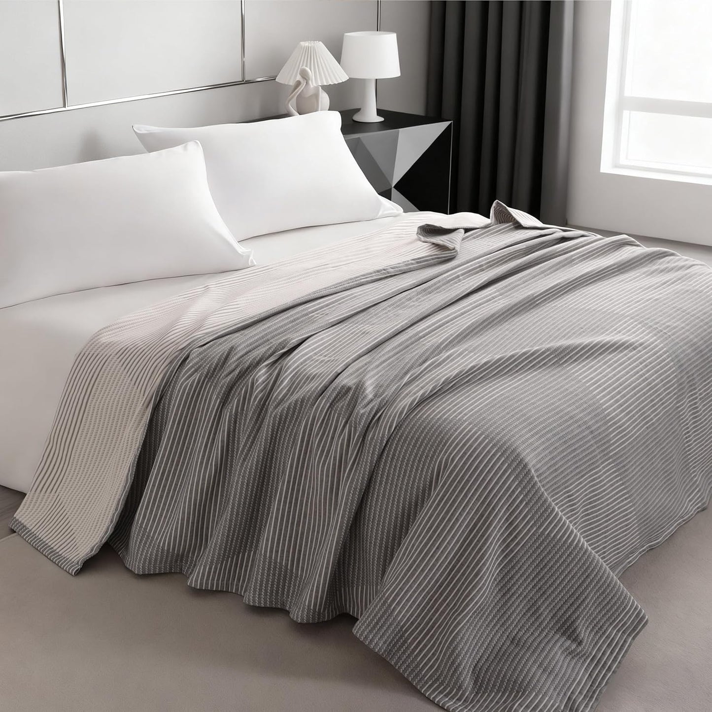 NTBAY 3 Layers Cotton Muslin 68x92 Twin Bed Blanket, Super Soft Breathable Thermal Yarn Dyed Quilt for Adults, Perfect Lightweight Blanket for Couch Sofa Bed All Seasons, Grey Striped