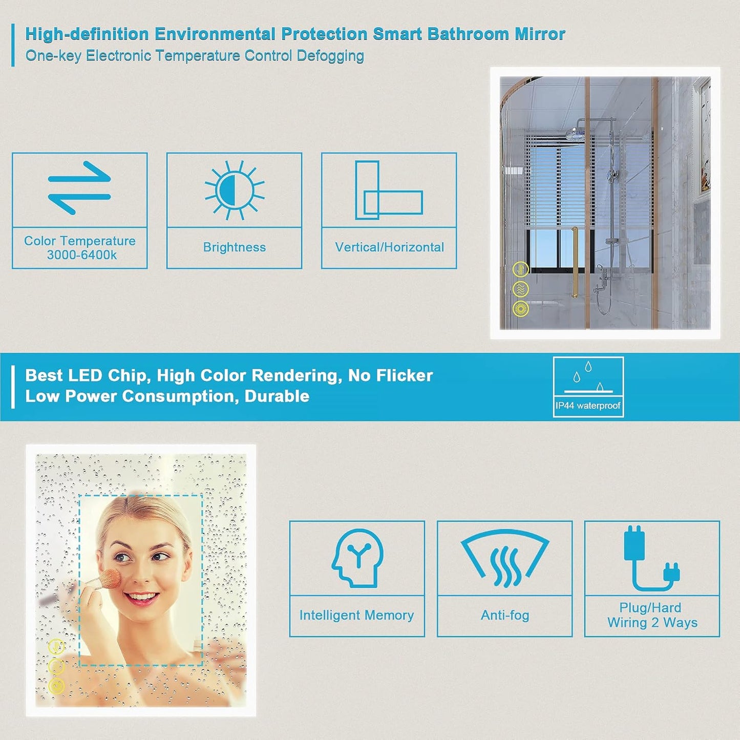Wall-Mounted LED Square Bathroom Mirror, Makeup Mirror (36inches x 30inches,) 3 Color Stepless Dimmable Memory Bathroom Vanity Mirror with Lights CRI90+ 3000-6400K Smart Mirror with Touch