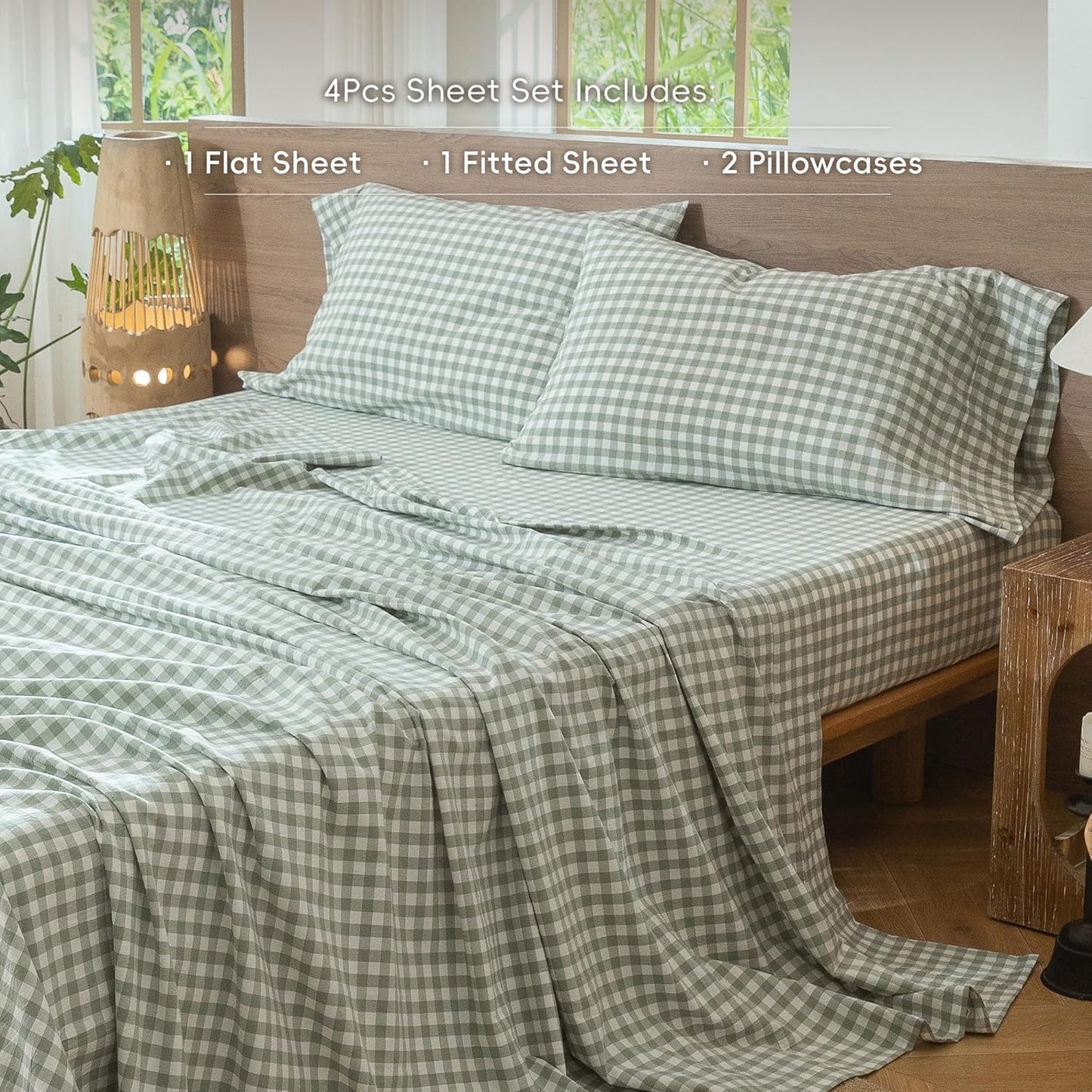 MooMee Gingham Sheet Set 100% Washed Cotton Linen Like Textured Breathable Soft w/ Fully Elasticized 16-19" Deep Pocket (Classic Gingham Sage Green, King)