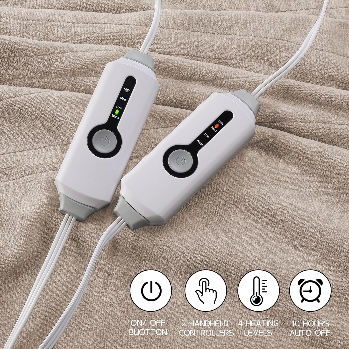 Electric Heated Blanket 90"x100" King Size, Soft Coral Fleece, Dual Controllers with 4 Heating Levels and 10 Hours Auto-Off, Machine Washable, Cozy Plush Fabric for Home, Light Brown