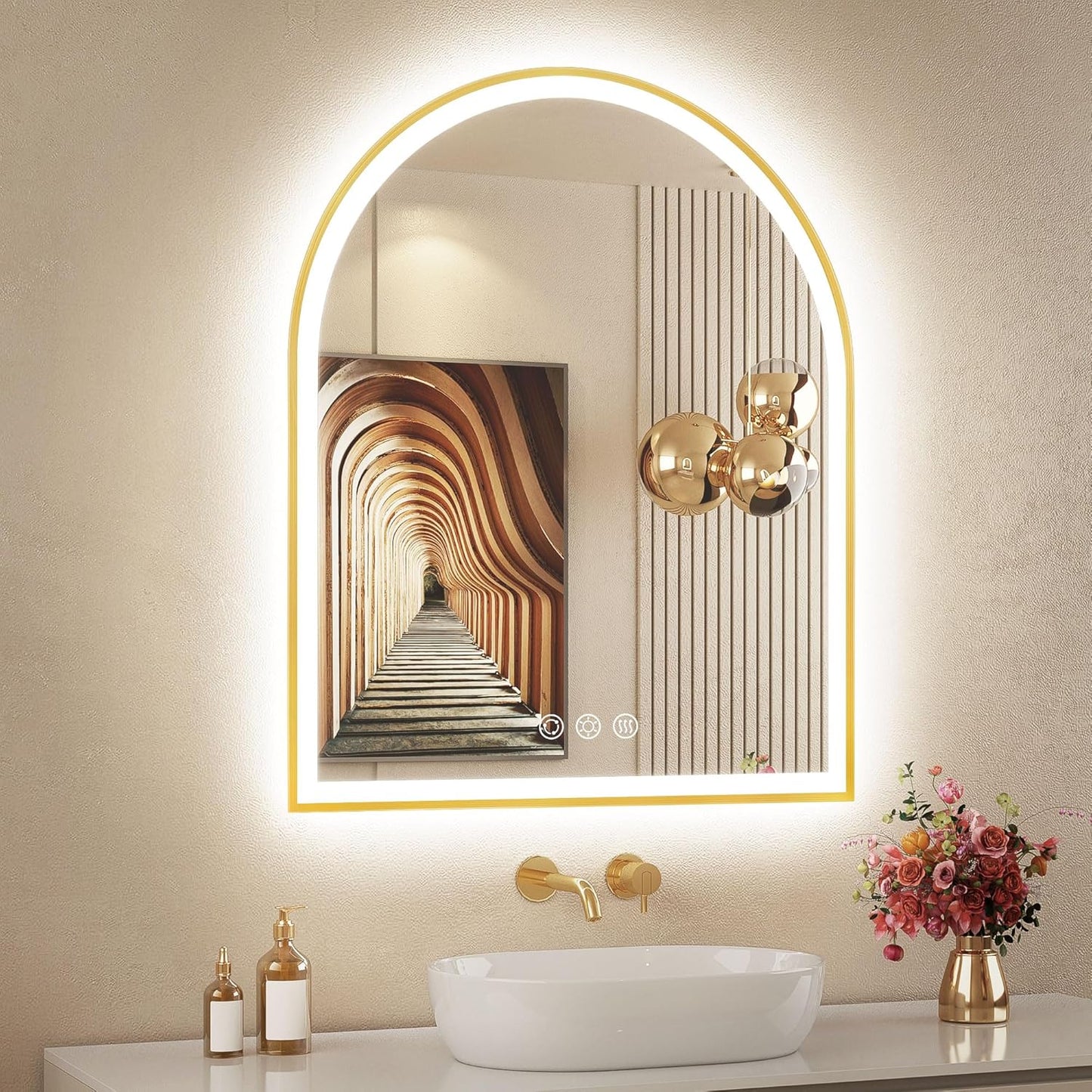 Arched LED Mirror for Bathroom 24"x30", Brushed Gold Lighted Bathroom Mirror with Lights, Fogless, Dimmable, Shatterproof, Touch Sensor, 3 Color Changing