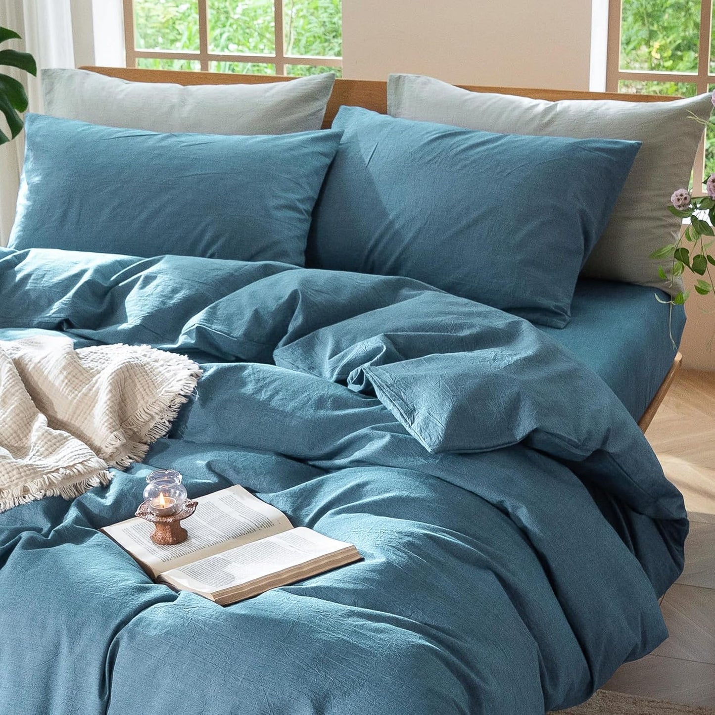 MooMee Bedding Duvet Cover Set 100% Washed Cotton Linen Like Textured Breathable Durable Soft Comfy (Heathered Peacock Blue, Full 80"x90")