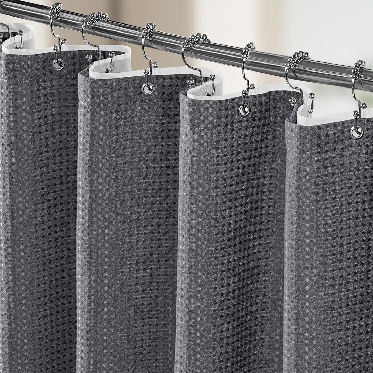 3 in 1 Shower Curtain Set, Waffle Shower Curtain and Liner Set with 12 Double Sided Shower Curtain Hooks, 258GSM Luxury Weighted Cloth Shower Curtains for Bathroom,72 W x 72 H,Graphite Gray