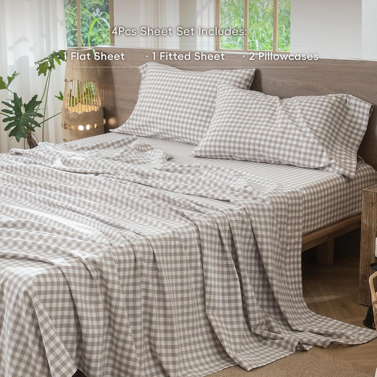 MooMee Gingham Sheet Set 100% Washed Cotton Linen Like Textured Breathable Soft w/Fully Elasticized 16-19" Deep Pocket (Classic Gingham Tannish Linen Grey, King)
