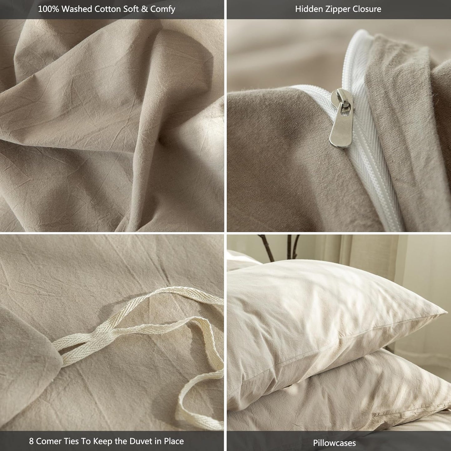 MooMee Bedding Duvet Cover Set 100% Washed Cotton Linen Like Textured Breathable Durable Soft Comfy (Solid Light Camel, Super King 108"x98")