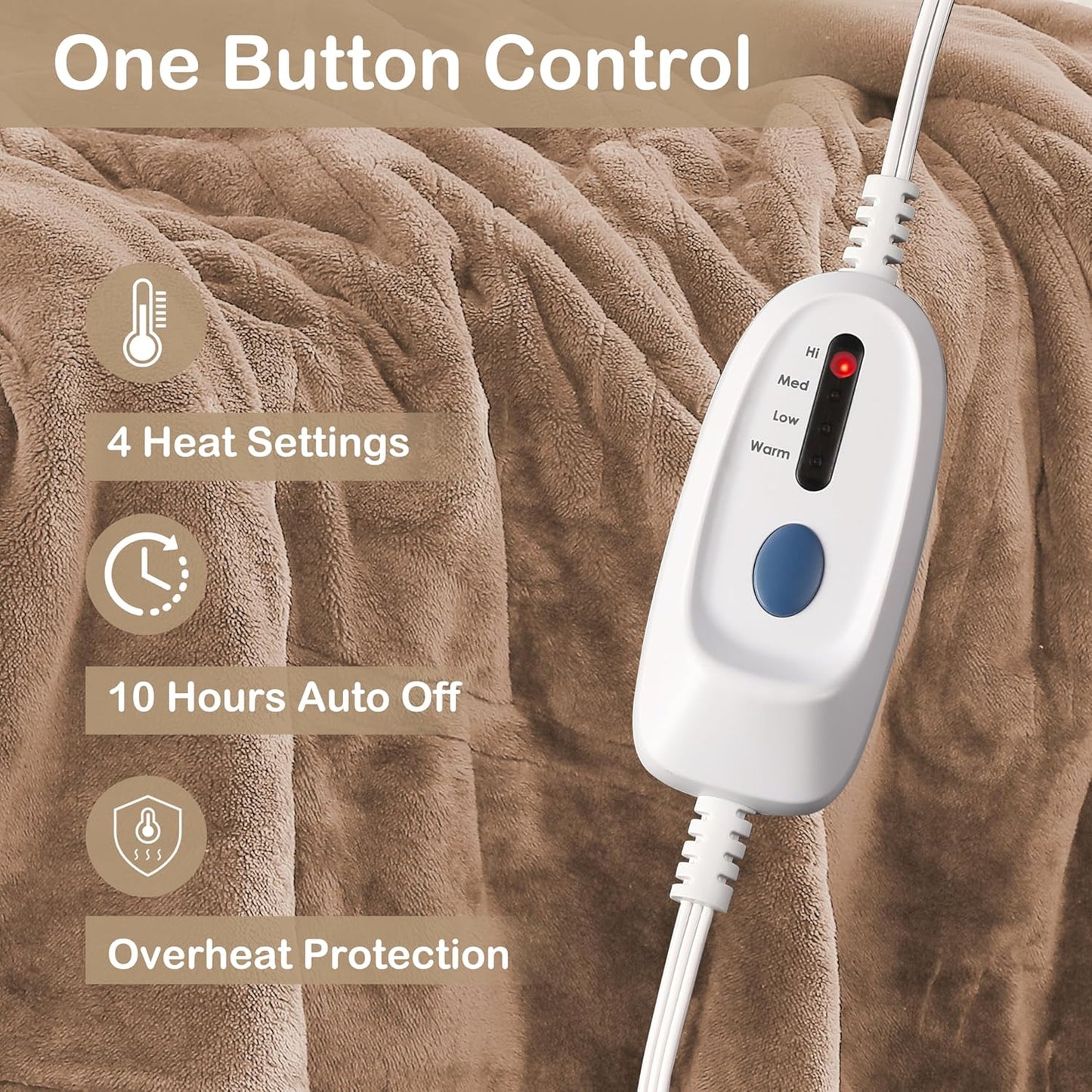 Electric Heated Blanket Full Size 72"x84",Soft Large Oversized, 4 Heating Levels & 10 Hours Auto Off, Cozy for Bed, Sofa, & Office, Machine Washable, Camel