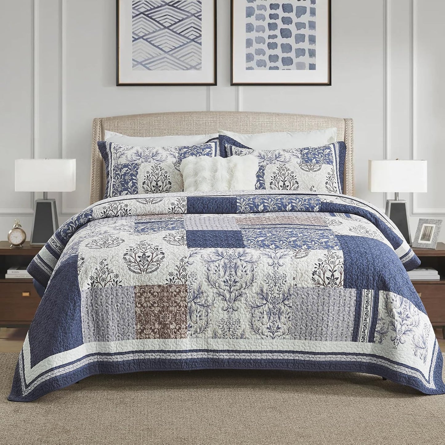 100% Cotton Quilt Set Queen Size - Floral Quilted Comforter, Patchwork Botanical Queen Quilt Bedspread, Reversible Vintage Farmhouse Lightweight Bedding for Queen Bed, 3pcs, Blue/Beige