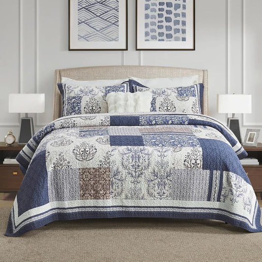 100% Cotton Quilt Set Queen Size - Floral Quilted Comforter, Patchwork Botanical Queen Quilt Bedspread, Reversible Vintage Farmhouse Lightweight Bedding for Queen Bed, 3pcs, Blue/Beige