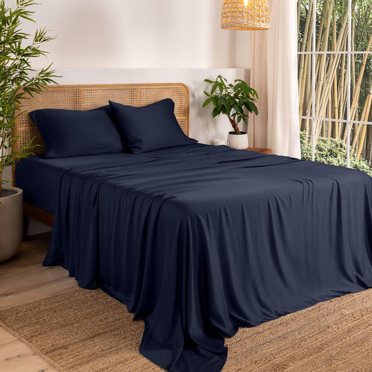 Bare Home 100% Rayon Made from Bamboo King Sheet Set - 4 Piece Bedding Set - Deep Pockets - Breathable - Easy Fit - Bedding Sheets & Pillowcases (King, Midnight Blue)