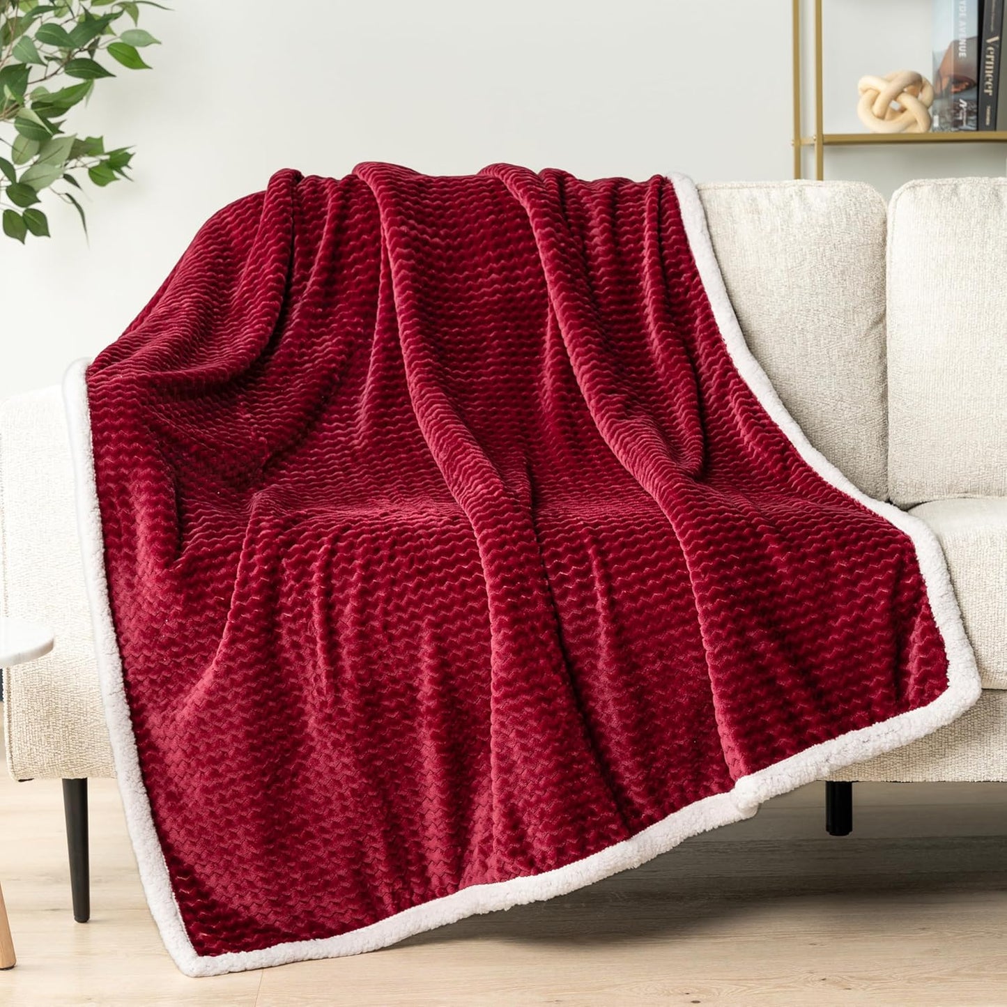 PAVILIA Maroon Red Couch Blanket Throw Reversible Sherpa Chevron, Soft Cozy Jacquard Weave Textured Blanket Sofa Bed, Thick Warm Large Fleece Car Blanket, Plush Home Decor Gift, 50x60 Burgundy Wine