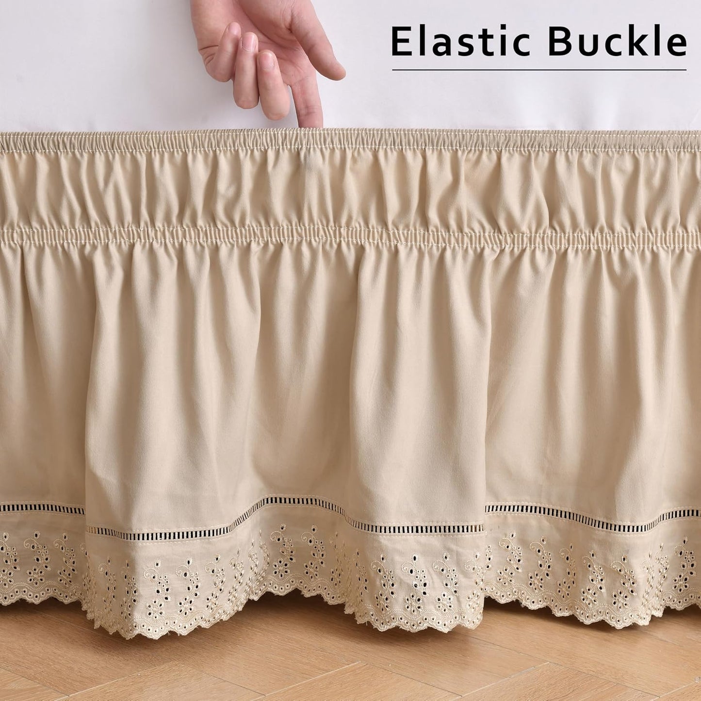 MIYE Wrap Around Ruffled Lace Bed Skirt, Elastic Dust Ruffle with Adjustable Belts, Easy to Put On, Bed Frame Cover, Machine Washable (Embroidered/Beige, King/Queen-18 Drop)