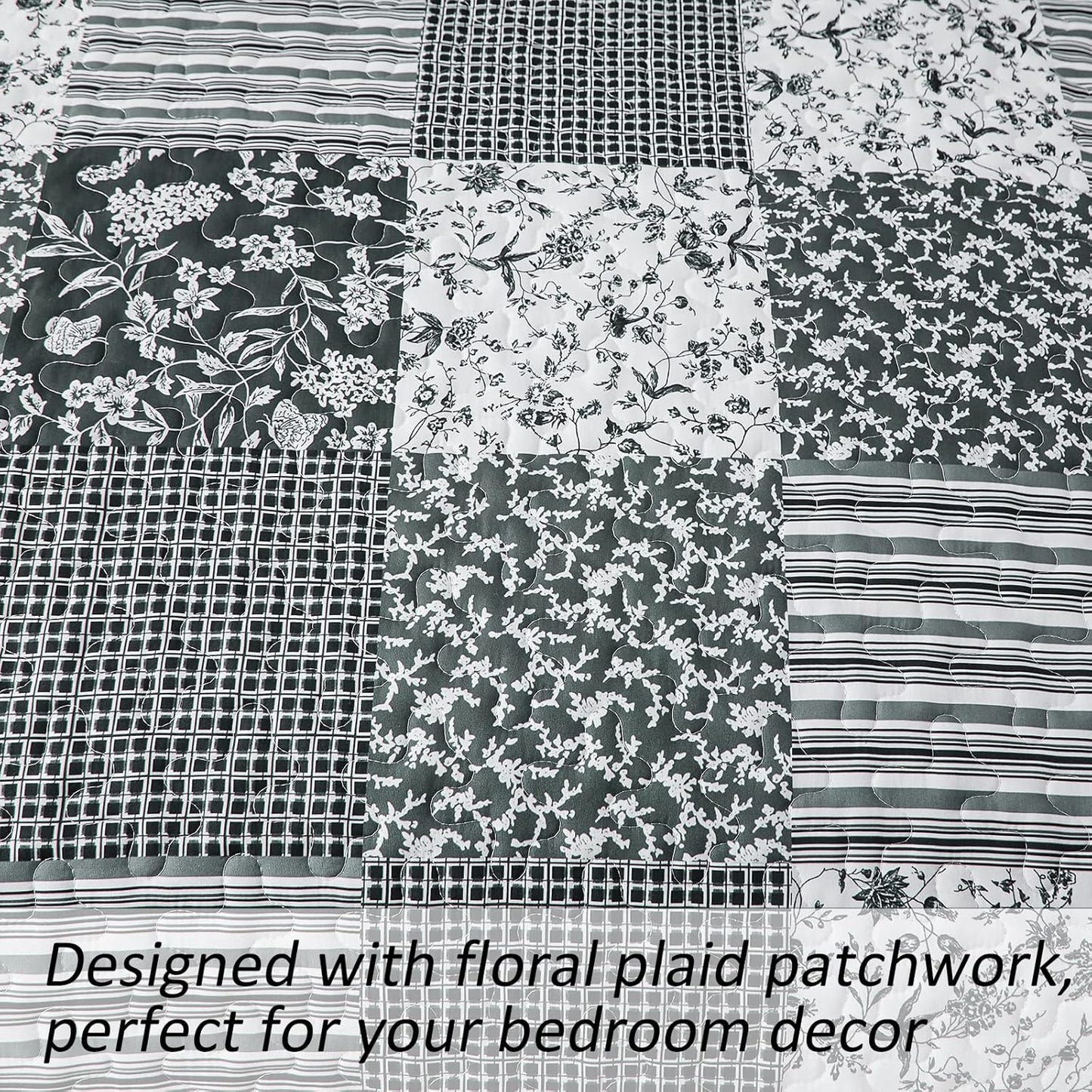 Mybedsoul Black Grey Boho Quilt Set Queen Size,3 Pieces Plaid Floral Bedspread Coverlet Set for All Season,Patchwork Reversible Bedding Set Queen 90"x96"