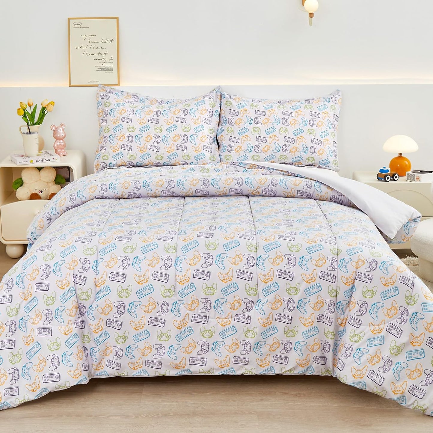 Viviland Kids Twin Bedding Sets for Boys, Soft Microfiber Twin Comforter Sets, Grey Game