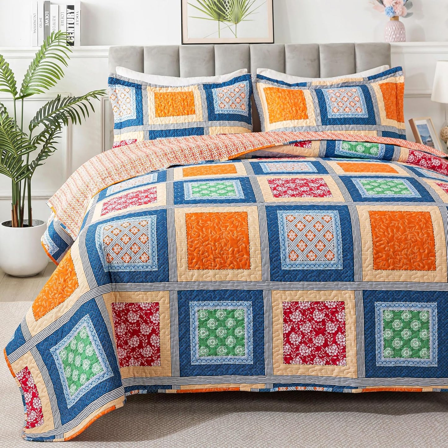 HoneiLife Quilt Set Queen Size - Retro Bedspreads 3-Pieces,Lightweight Coverlets for Queen Bed,Patchwork Bed Cover, Queen Quilt Bedding Set All Season Quilts-Orange