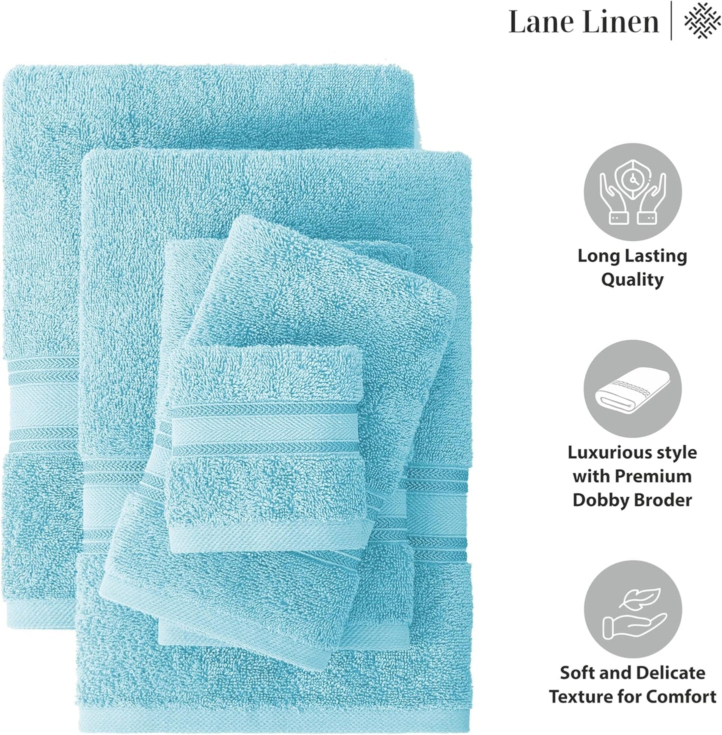 LANE LINEN Luxury 18-Piece Solid Cotton Bathroom Towel Set - 6 Bath Towels, 6 Hand Towels, 6 Wash Cloths - Blue