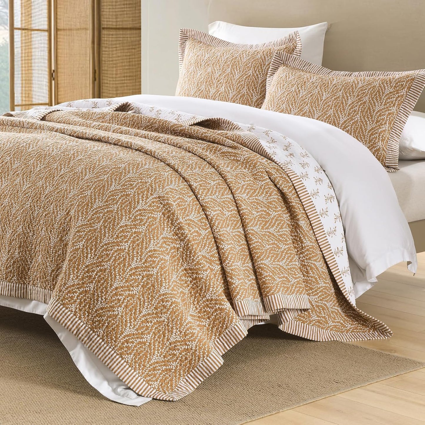 Quilt Set Queen Size - 100% Cotton Orange Flowers Reversible Bedspread Bedding Set, Lightweight 3-Piece Bed Quilts Botanical Pattern Comforter Cover with 2 Pillow Shams, All Season,90x98