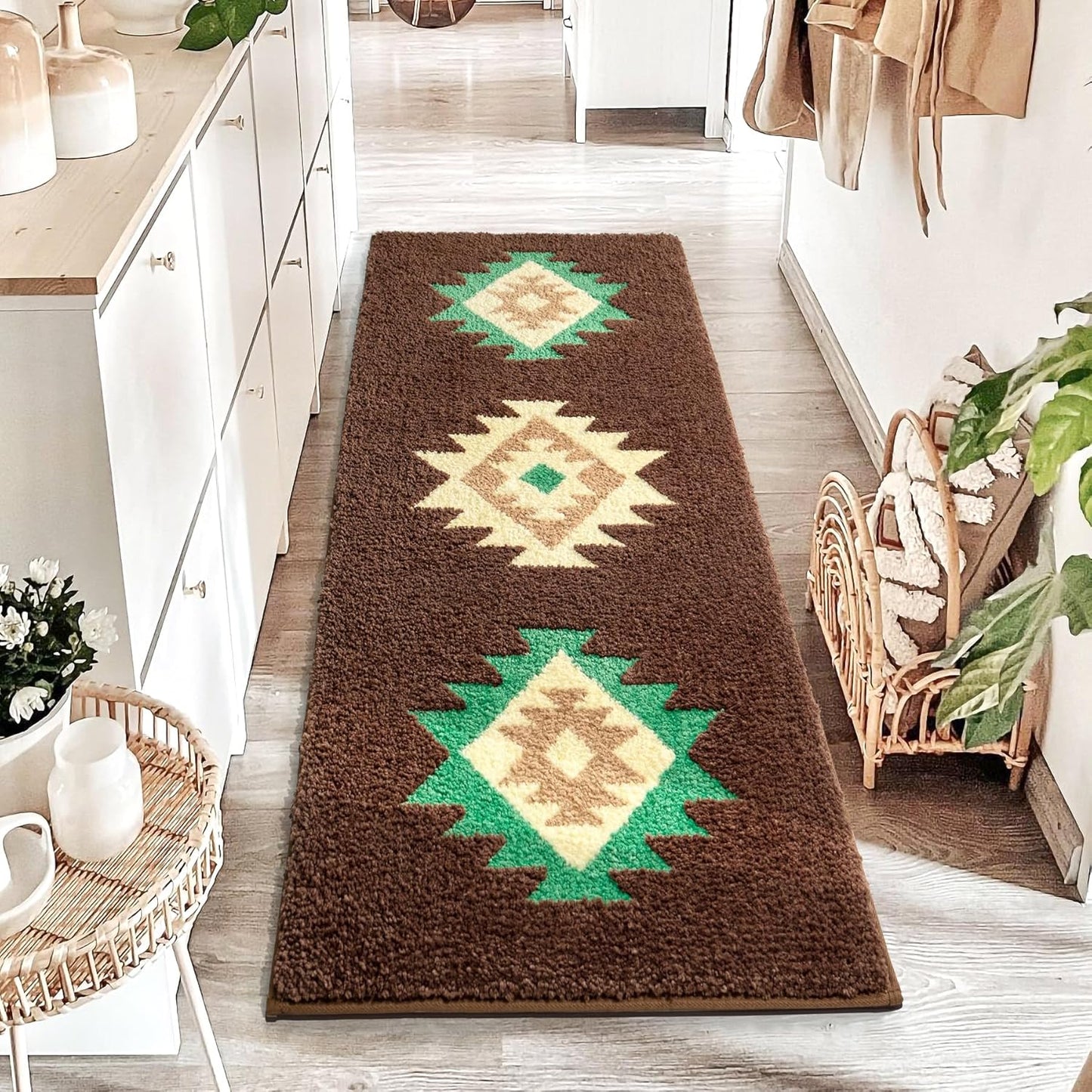 DEXDE Boho Bathroom Rug Runner 20x72 Long Bath Mat for Bathroom Bedroom Hallway Kitchen Luxury Soft Absorbent Large Modern Geometric Carpet Runner Western Farmhouse Decor, Brown