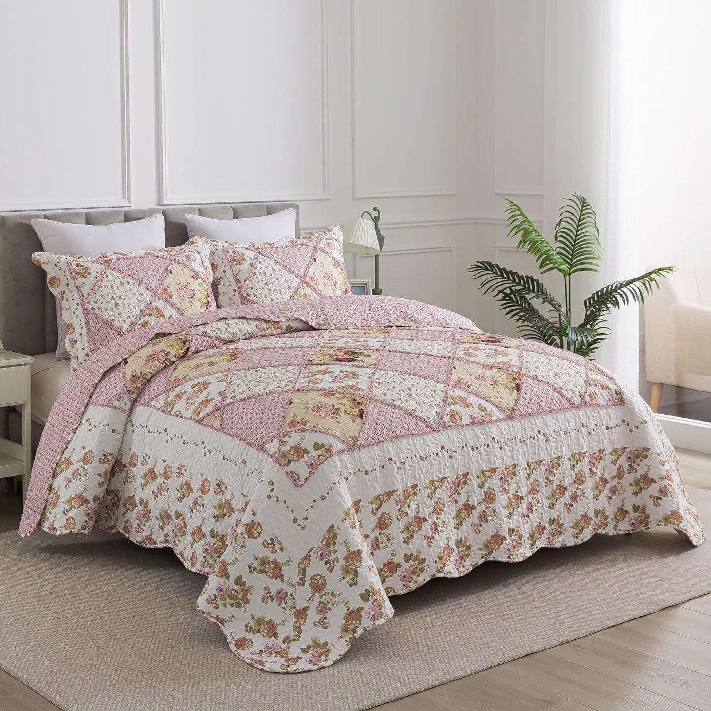 HoneiLife Queen Quilt Bedding Sets - Floral Quilt Bedding Sets 3-Piece 90x96, Lightweight Bedspreads Patchwork Coverlet Rustic Bedding Set All Season Quilts