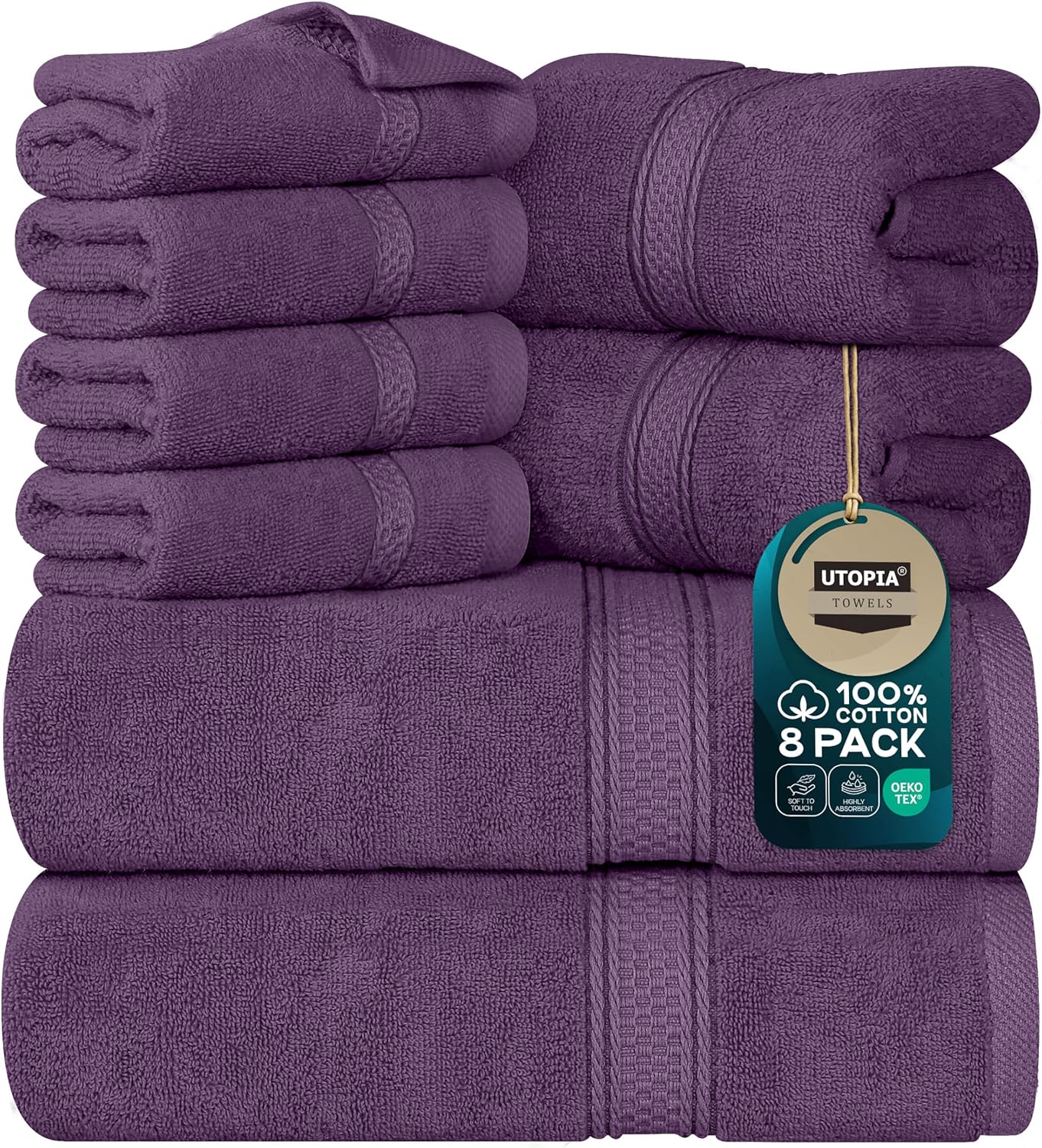 Utopia Towels 8 Piece Premium Towel Set, 2 Bath, 2 Hand, and 4 Wash Cloths, 600 GSM 100% Ring Spun Cotton, Highly Absorbent Towels for Bathroom, Gym, Hotel, and Spa, Plum