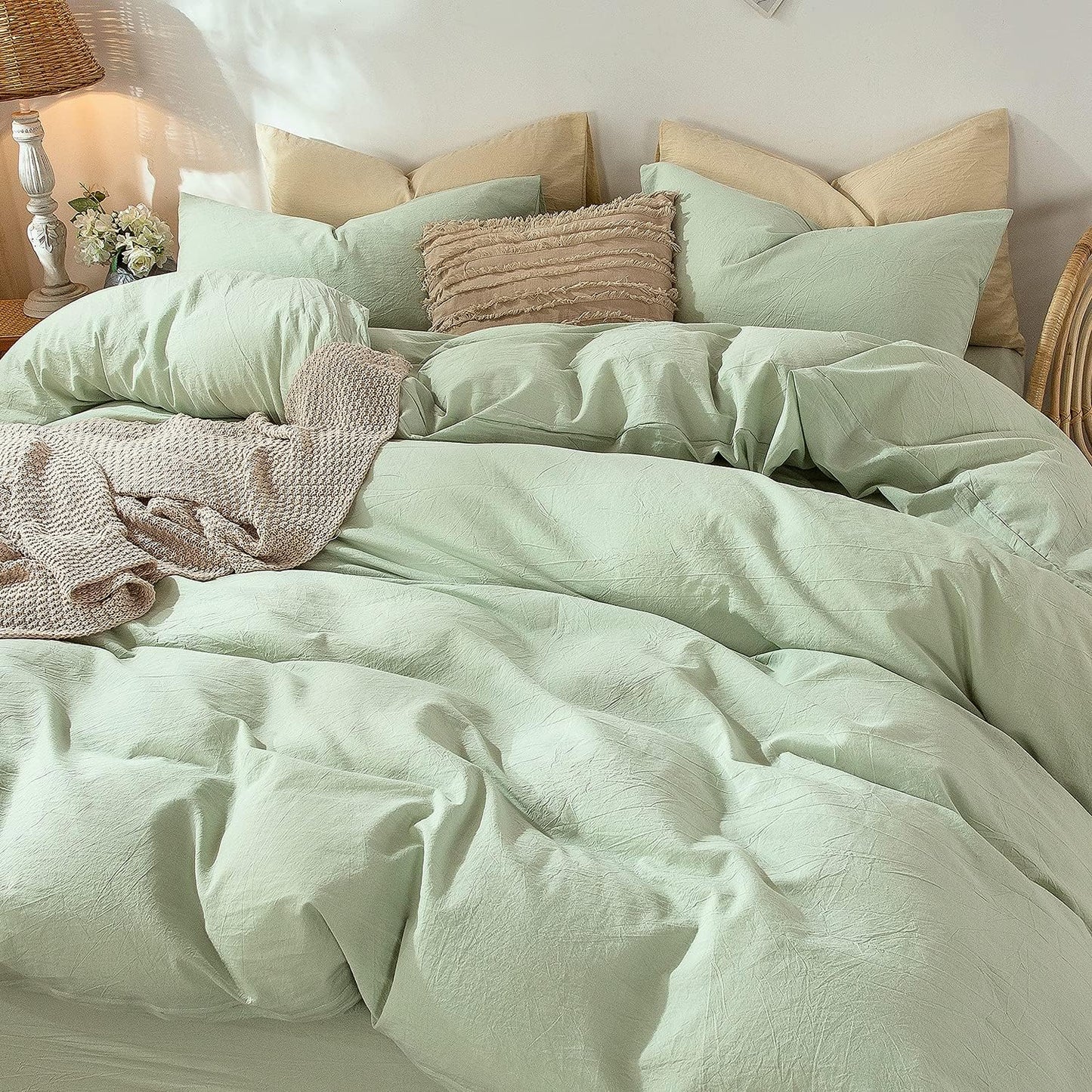 MooMee Bedding Duvet Cover Set 100% Washed Cotton Linen Like Textured Breathable Durable Soft Comfy (Heathered Seaglass Green, Cal King 104"x98")