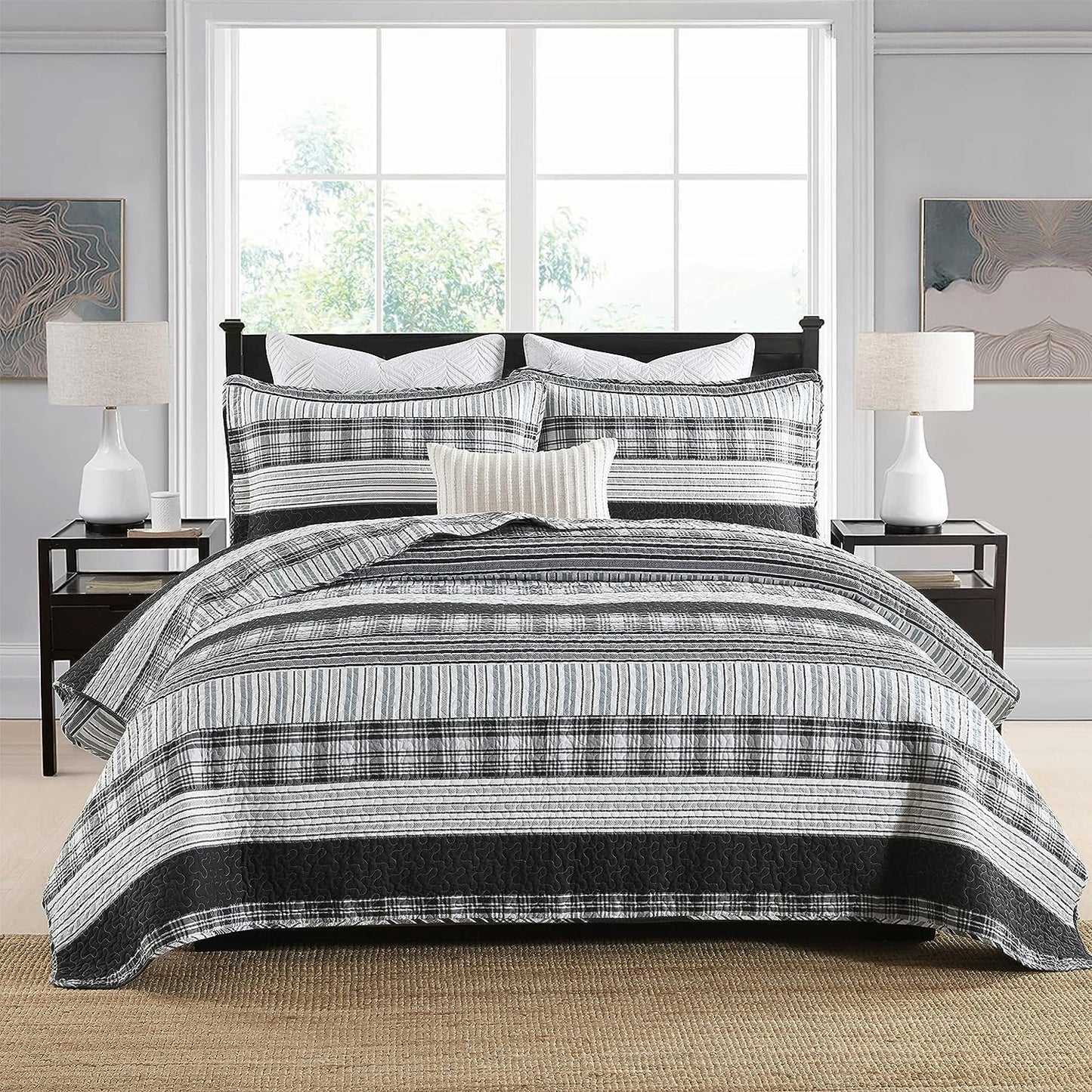 Homzard Quilts Queen Size - Black and White Queen Comforter Set, 100% Cotton Black Grey Striped Bedding Set, Lightweight Reversible Bedspread Set, 3 Piece All Season