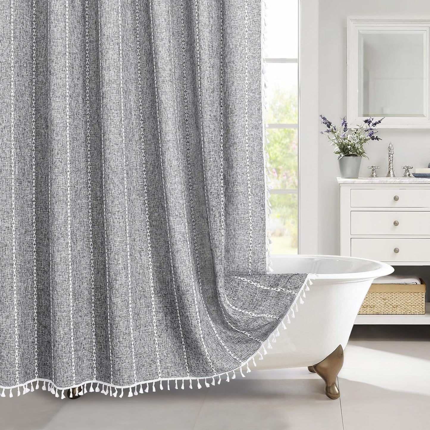 MitoVilla Dark Grey Boho Extra Long Shower Curtain 72 x 84, Dark Grey Modern Farmhouse 84 inch XL Polyester Linen Fabric Shower Curtain Set with Hooks for Cottagecore Country Bathroom Decor
