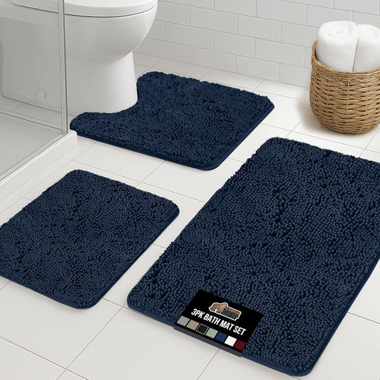 GORILLA GRIP Bathroom Rug Sets 3 Piece, Bath Mat Set and Oval Toilet Base with Rubber Backing, Plush Absorbent Shaggy Chenille Washable Mats, Includes 24x19.5, 24x17 and 30x20 Inch Rugs, Navy