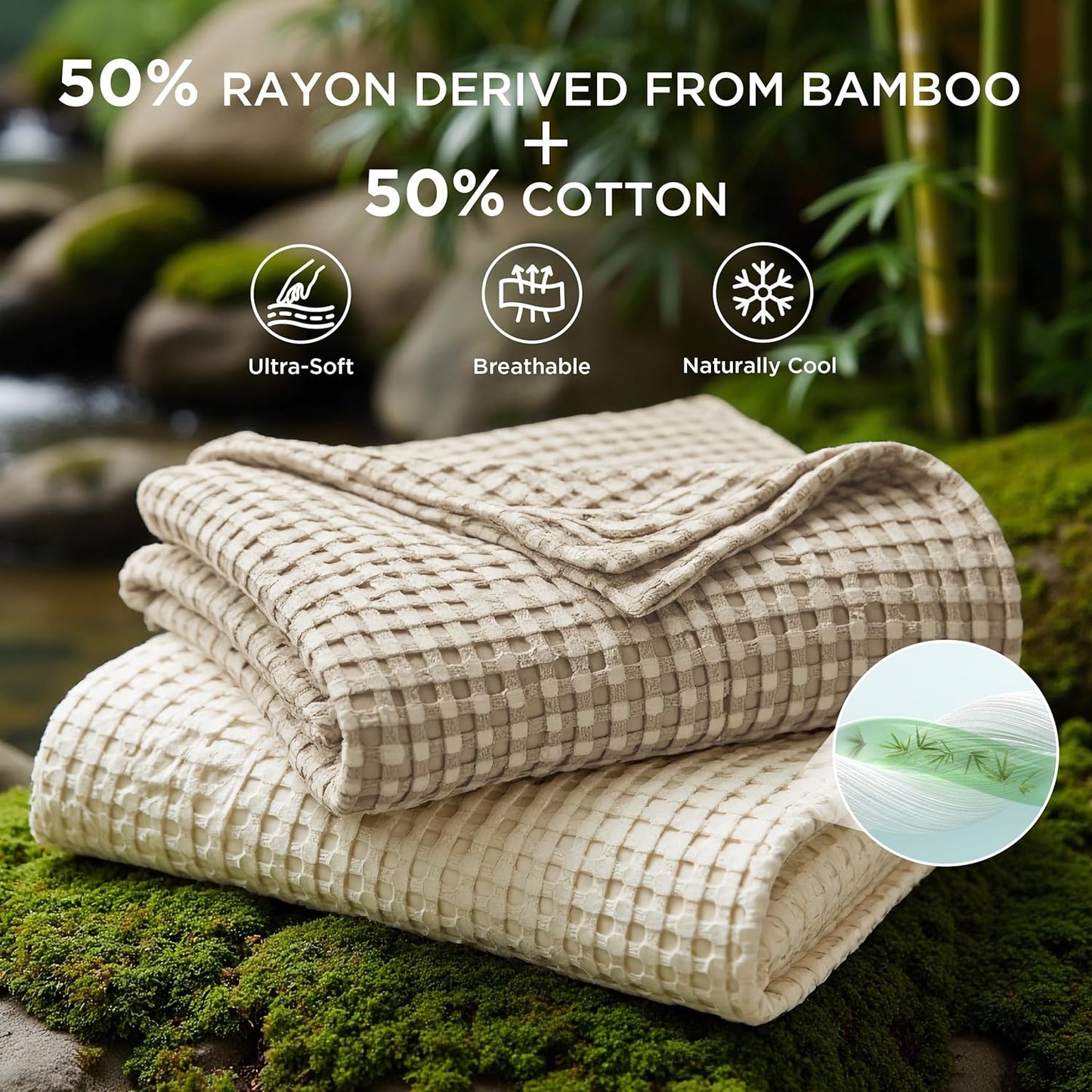 Bedsure Cooling Cotton Waffle Full Size Blanket - Lightweight Breathable Blanket of Rayon Derived from Bamboo for Hot Sleepers, Luxury Throws for Bed, Couch and Sofa, Taupe, 80x90 Inches