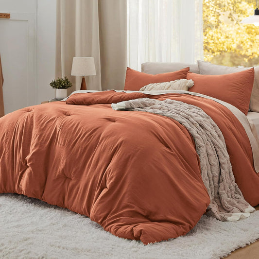 Bedsure Full Size Comforter Set, Burnt Orange Soft Prewashed Bedding for All Seasons, 3 Pieces GentleSoft™ Warm Down Alternative Bed Set, 1 Lightweight Comforter (82"x86") and 2 Pillowcases (20"x26")
