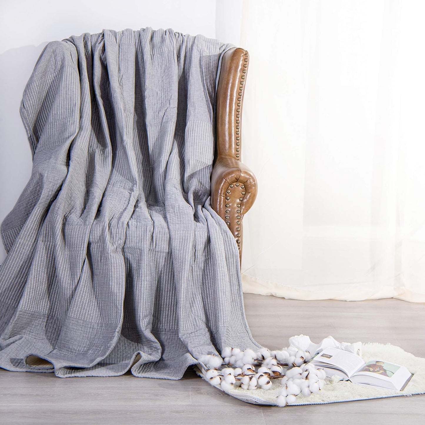 NTBAY 3 Layers Cotton Muslin 106x92 King Bed Blanket, Super Soft Breathable Thermal Yarn Dyed Quilt for Adults, Perfect Lightweight Blanket for Couch Sofa Bed All Seasons, Grey Dot