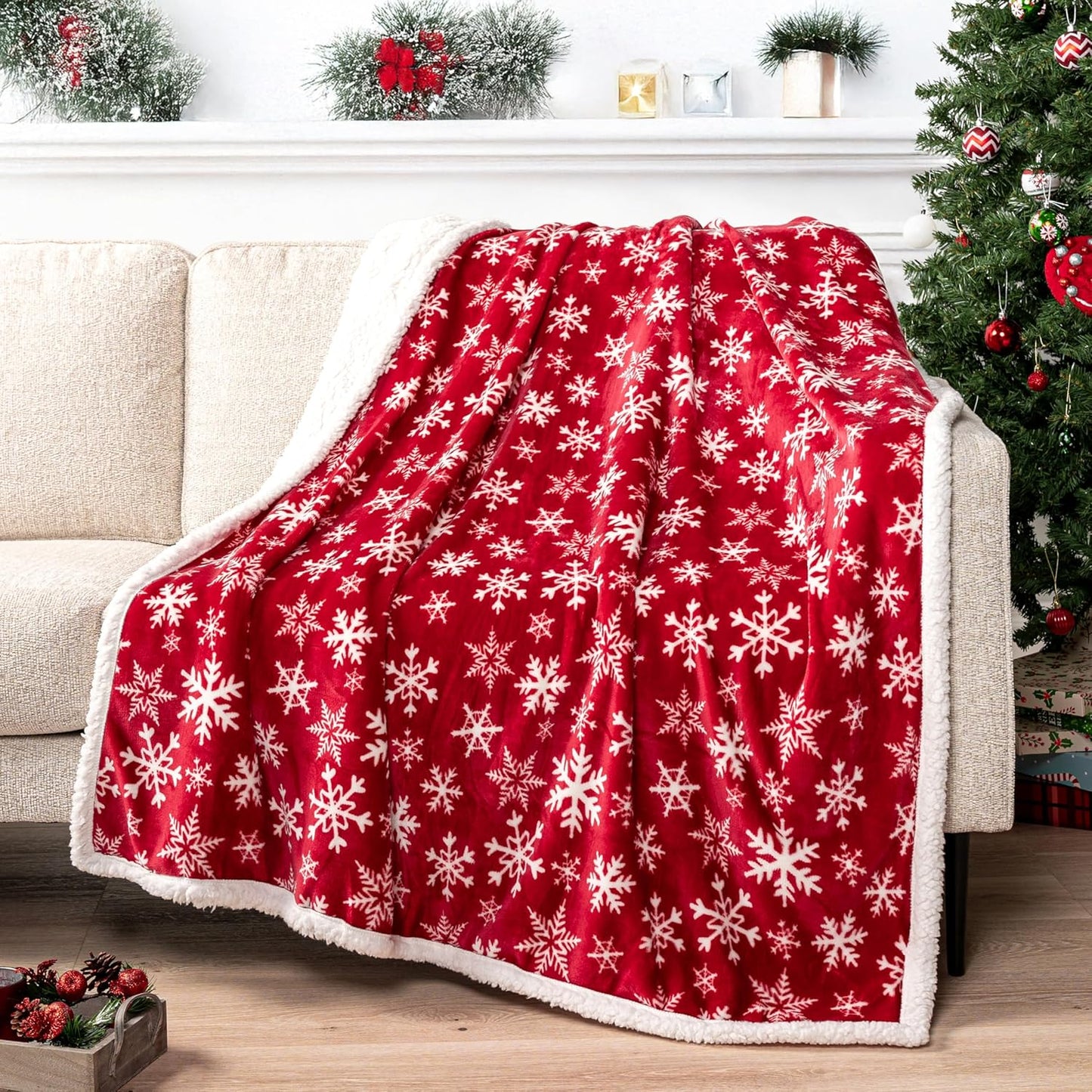 PAVILIA Premium Christmas Sherpa Throw Blanket | Red Snowflake Decoration, Fleece, Plush, Warm, Cozy Reversible Microfiber Holiday Blanket 50 x 60