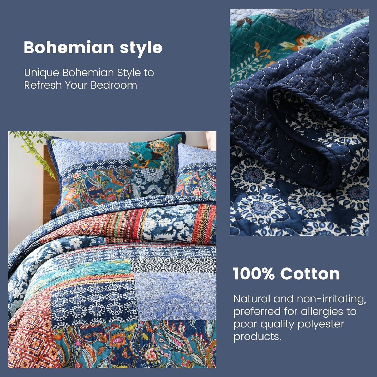 Secgo Twin Size Quilt Size - 100% Cotton Twin Comforter Set Bedding Sets (68 * 86 Inch) with 2 Pillow Shams, Patchwork Reversible Lightweight Bedspread