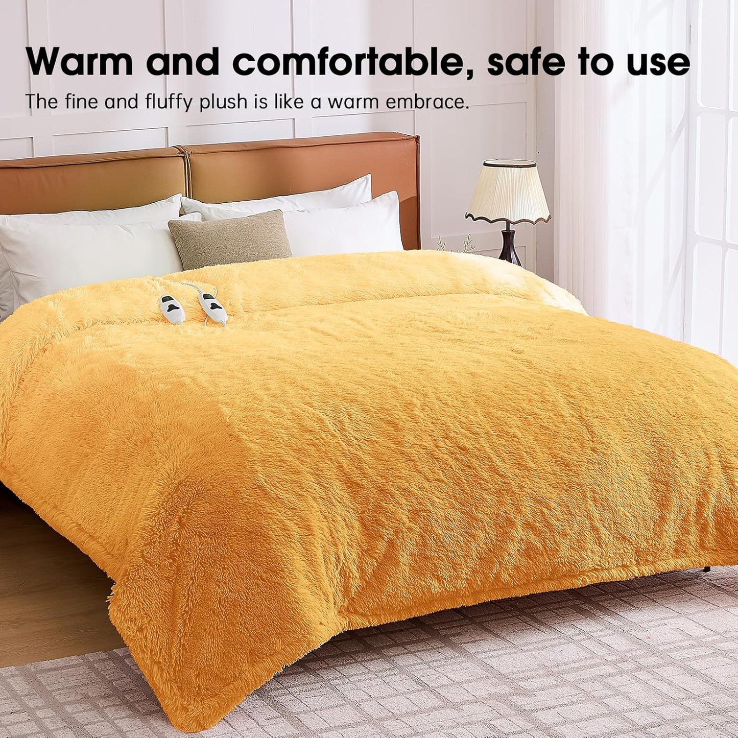 Heated Electric Blanket Queen–Faux Fur with Soft Thick SherpaWarm Winter Birthday Gifts for Women Grandma,Dual Control,10 Heat Settings,5 Time Settings, 84x90, Beige