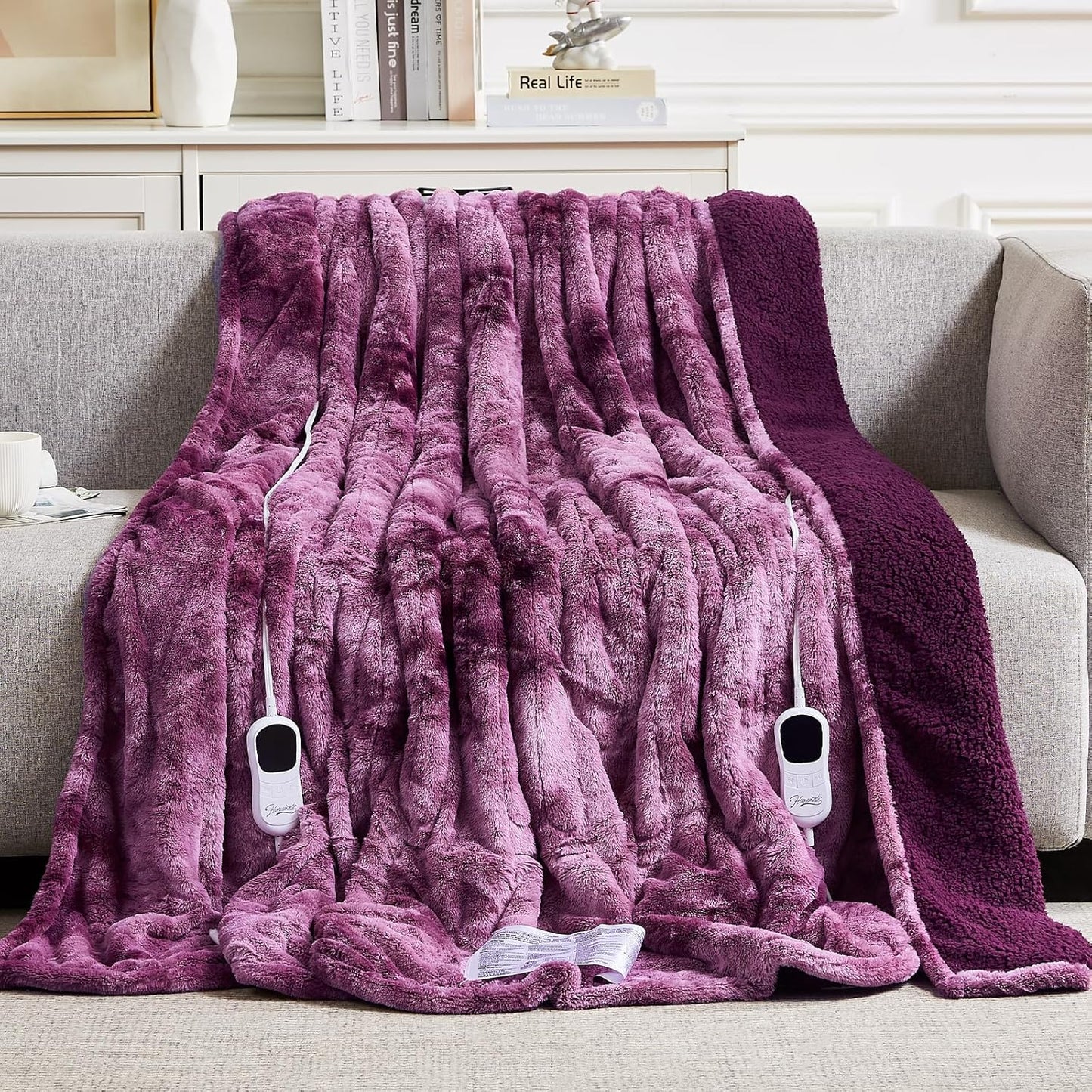 Homemate Electric Heated Blanket Queen Size - 84"x90" Heating Blanket Queen Size Dual Control 1/2/4/6/8 Hours Auto-Off 10 Heat Level Over-Heat Protection Luxury Faux Fur Sherpa ETL Certification