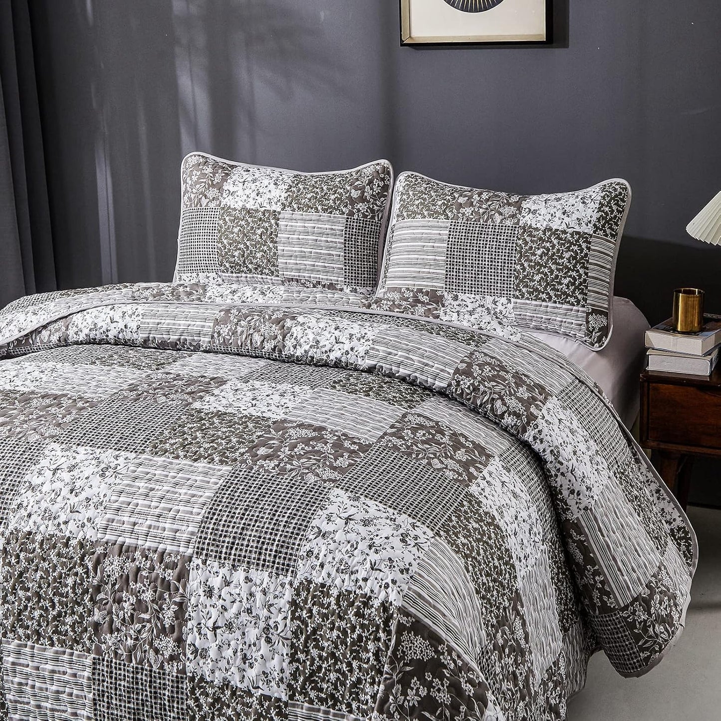 Mybedsoul Grey Boho Quilt Set Queen Size,3 Pieces Plaid Floral Bedspread Coverlet Set for All Season,Patchwork Reversible Bedding Set Queen 90"x96"